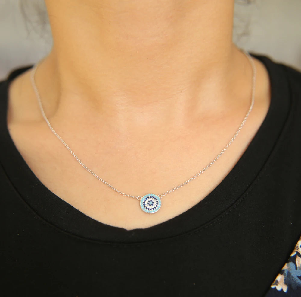 Azura 925 Sterling Silver Evil Eye Hamsa Necklace with White and Blue Women's Lucky Eye Pendant Jewelry