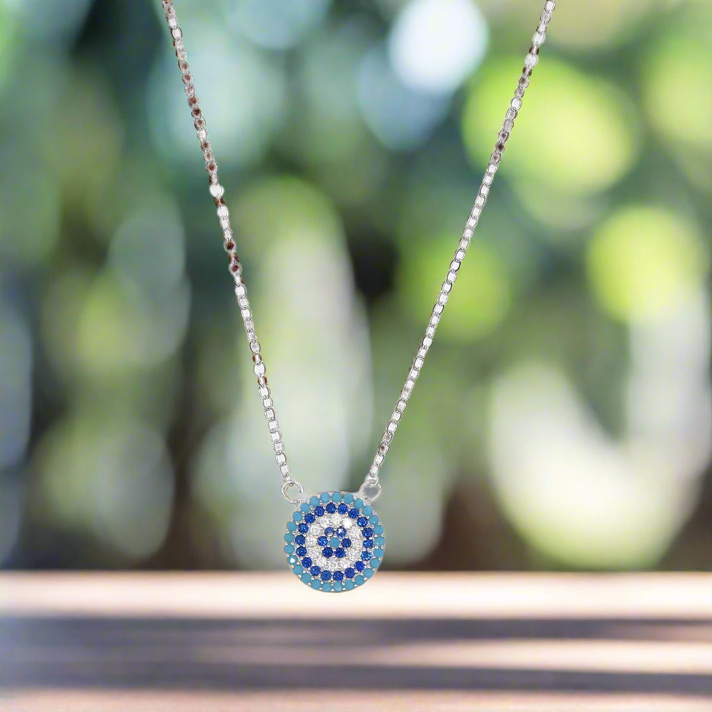 Azura 925 Sterling Silver Evil Eye Hamsa Necklace with White and Blue Women's Lucky Eye Pendant Jewelry