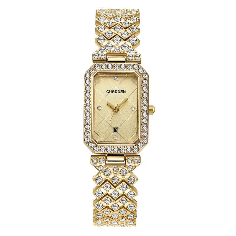 CURDDEN Rectangular Luxury Quartz Watch for Women – Silver Alloy Band, Diamond Detail, Elegant Casual Style