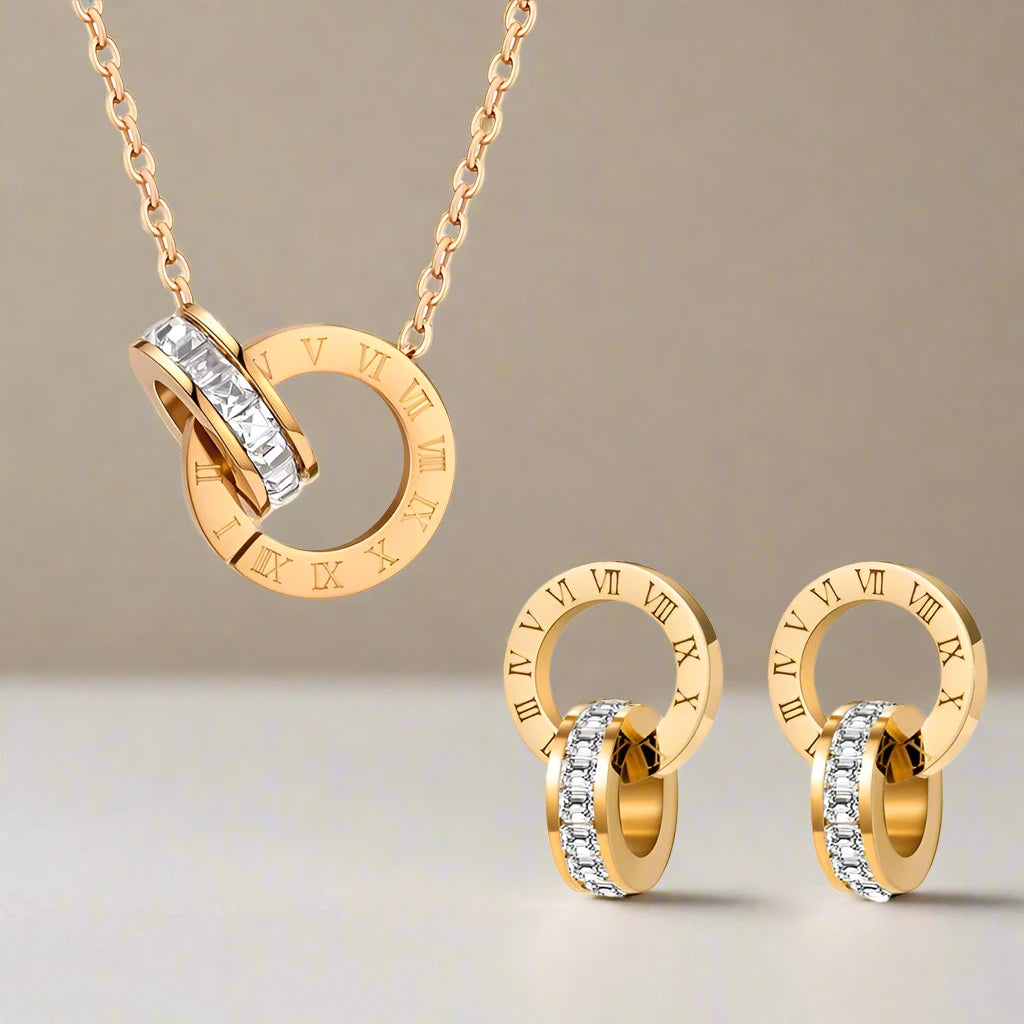 Juliana Classic Roman Crystal Stainless Steel Earrings and Necklace Set for Women.