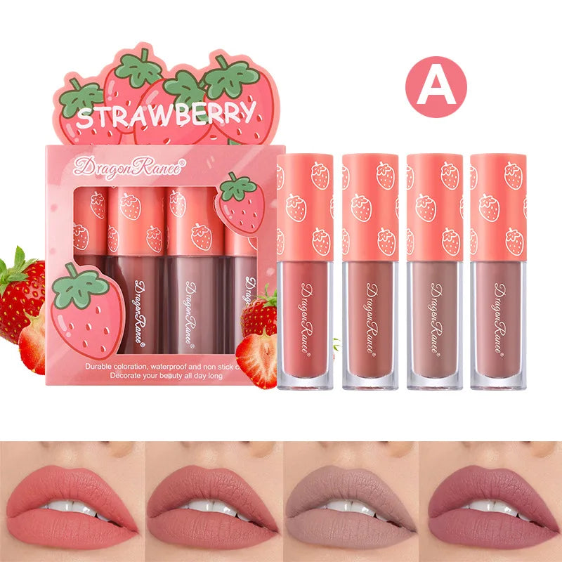Mini Velvet Matte Lip Gloss Set – 4-Piece Long-Lasting, Non-Stick, Fruit Scented Lip Tint