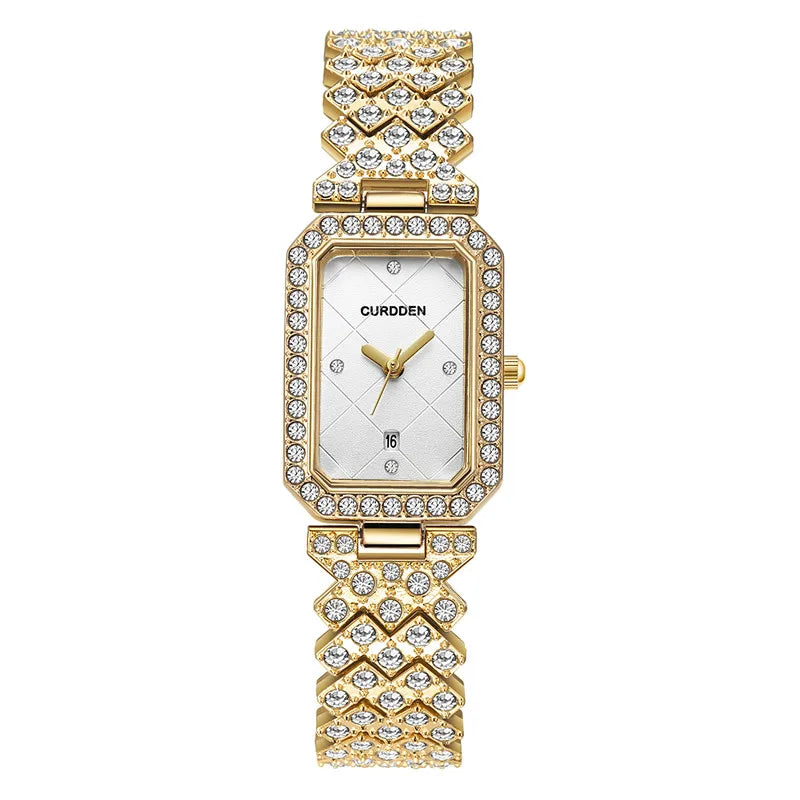 CURDDEN Rectangular Luxury Quartz Watch for Women – Silver Alloy Band, Diamond Detail, Elegant Casual Style