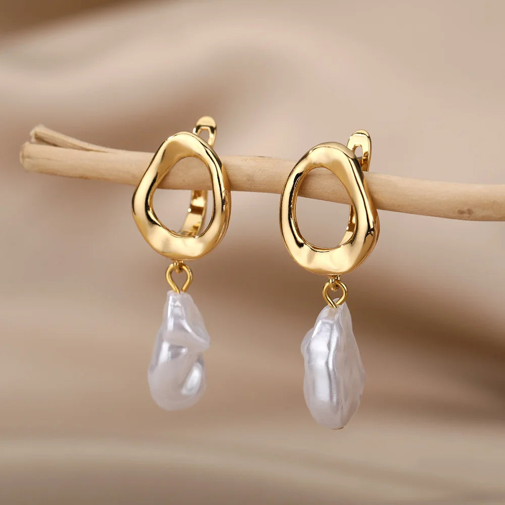 Gold Pearl Drop Hoop Earrings for Women – Stainless Steel Jewelry