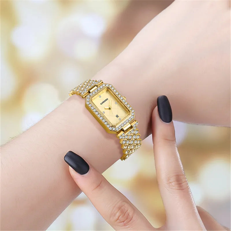 CURDDEN Rectangular Luxury Quartz Watch for Women – Silver Alloy Band, Diamond Detail, Elegant Casual Style