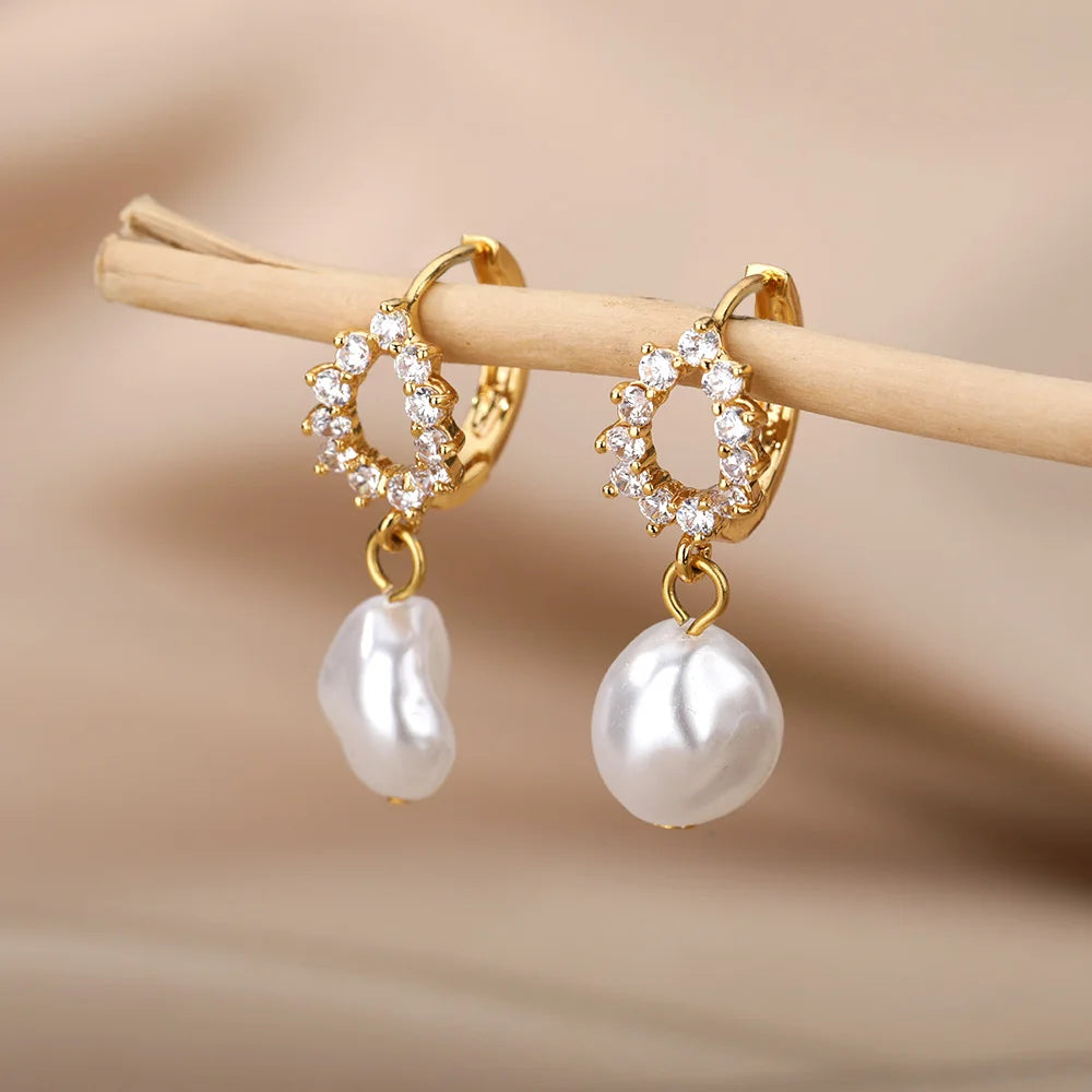 Gold Pearl Drop Hoop Earrings for Women – Stainless Steel Jewelry