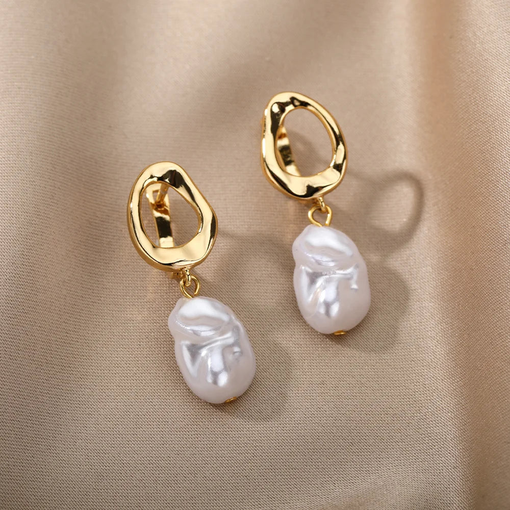 Gold Pearl Drop Hoop Earrings for Women – Stainless Steel Jewelry