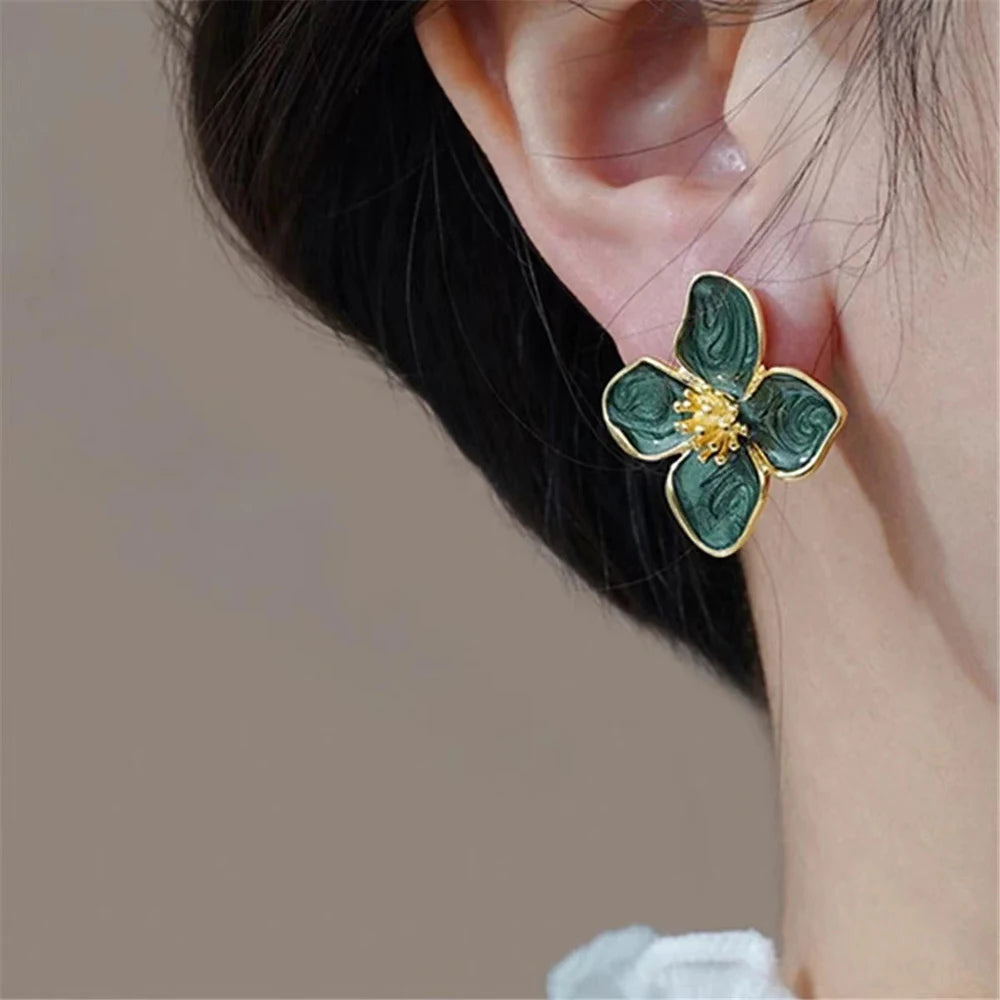 Sabina Hibiscus Glazed Flower Stud Earrings for Women Vintage French-Inspired Elegant Design.