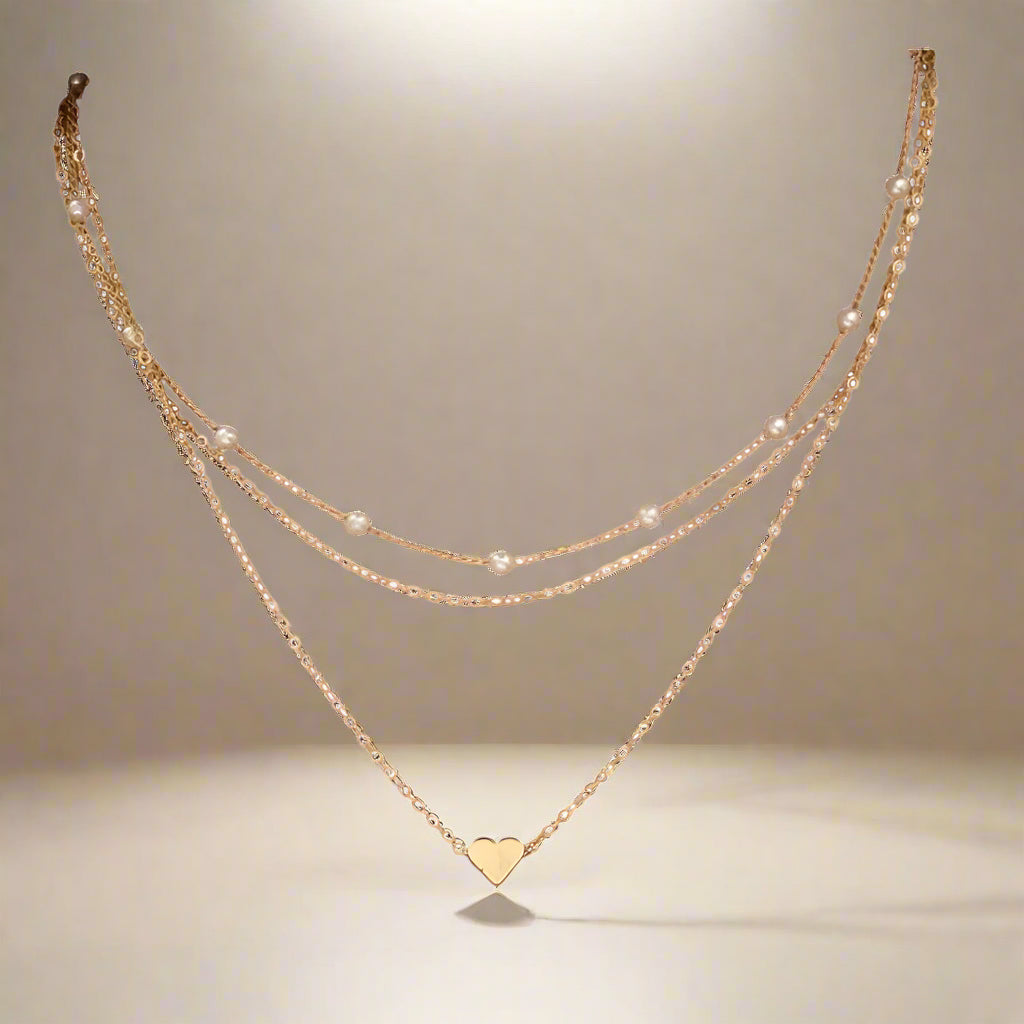 3-piece Set: 14K Gold Necklace with Pearl and Heart Pendants – Waterproof and Hypoallergenic