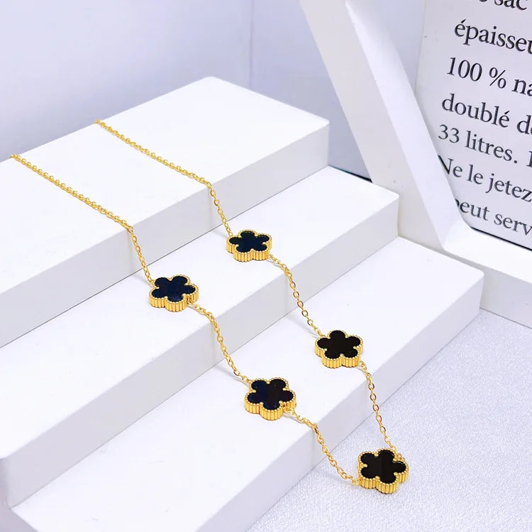 Celia Plum Blossom Five-Leaf Flower Jewelry Set: Bracelet, Necklace, and Earrings for Women - High-Quality Stainless Steel
