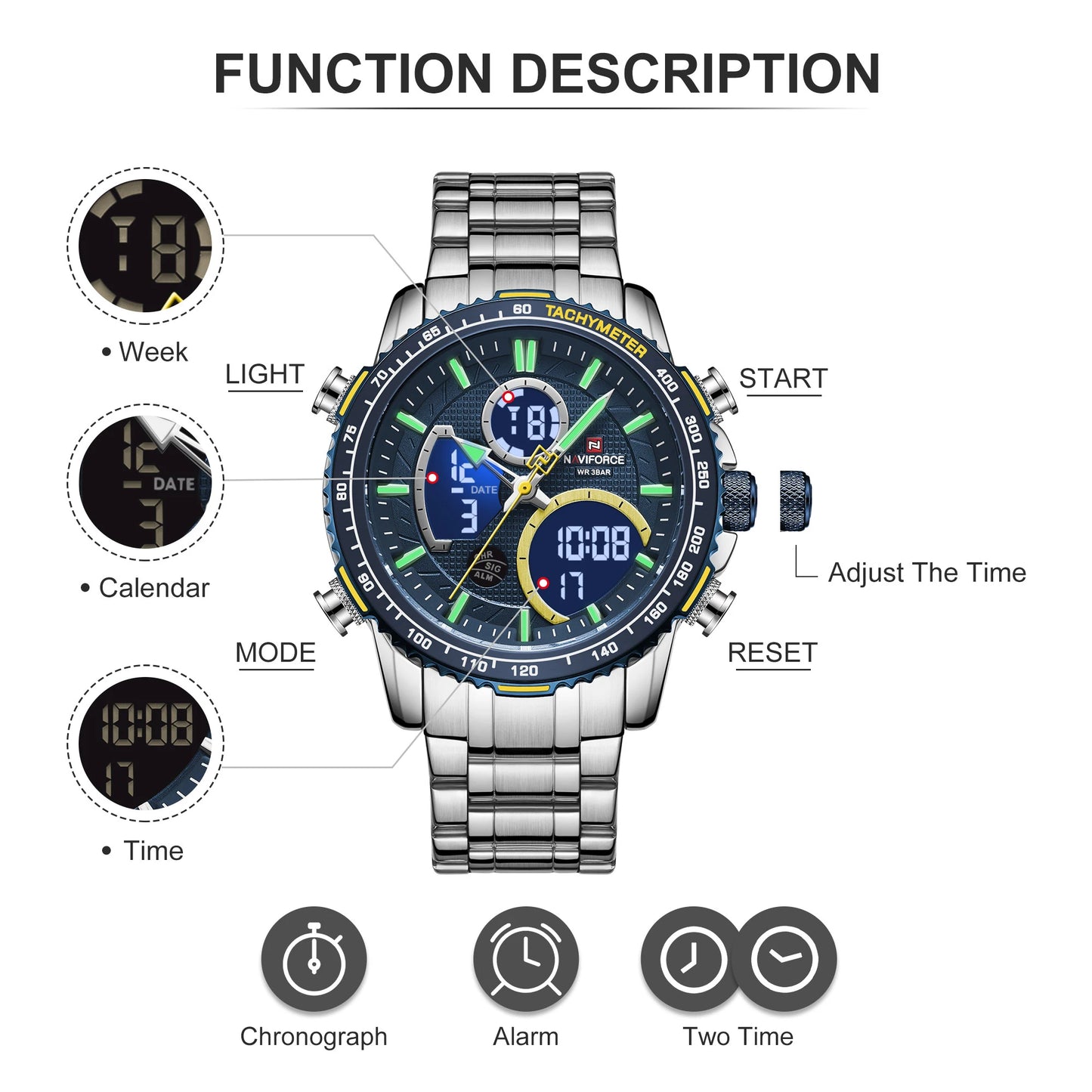 NAVIFORCE Men's Chronograph Watch – Luxury Sports Design, Waterproof Steel Band.