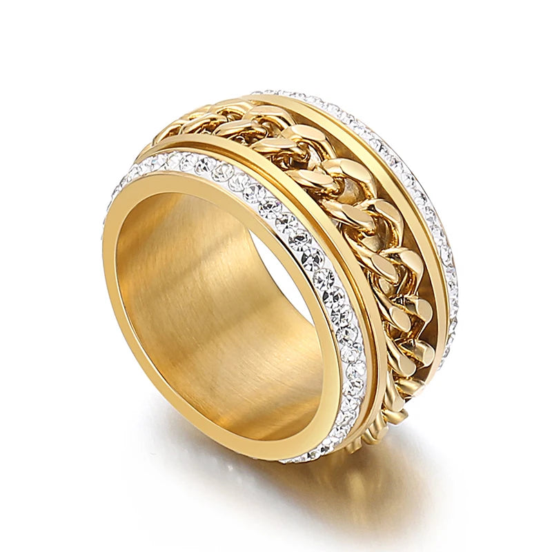 Gold Twist Pattern Zircon Ring – Vintage Stainless Steel Wedding Band for Women | Classic Peru-Inspired Design
