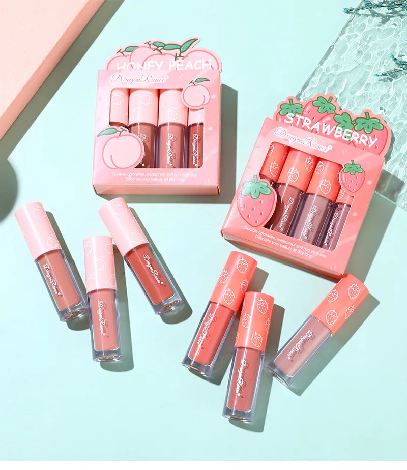 Mini Velvet Matte Lip Gloss Set – 4-Piece Long-Lasting, Non-Stick, Fruit Scented Lip Tint