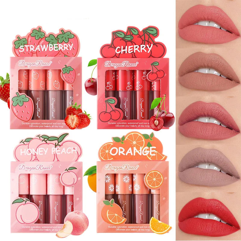 Mini Velvet Matte Lip Gloss Set – 4-Piece Long-Lasting, Non-Stick, Fruit Scented Lip Tint