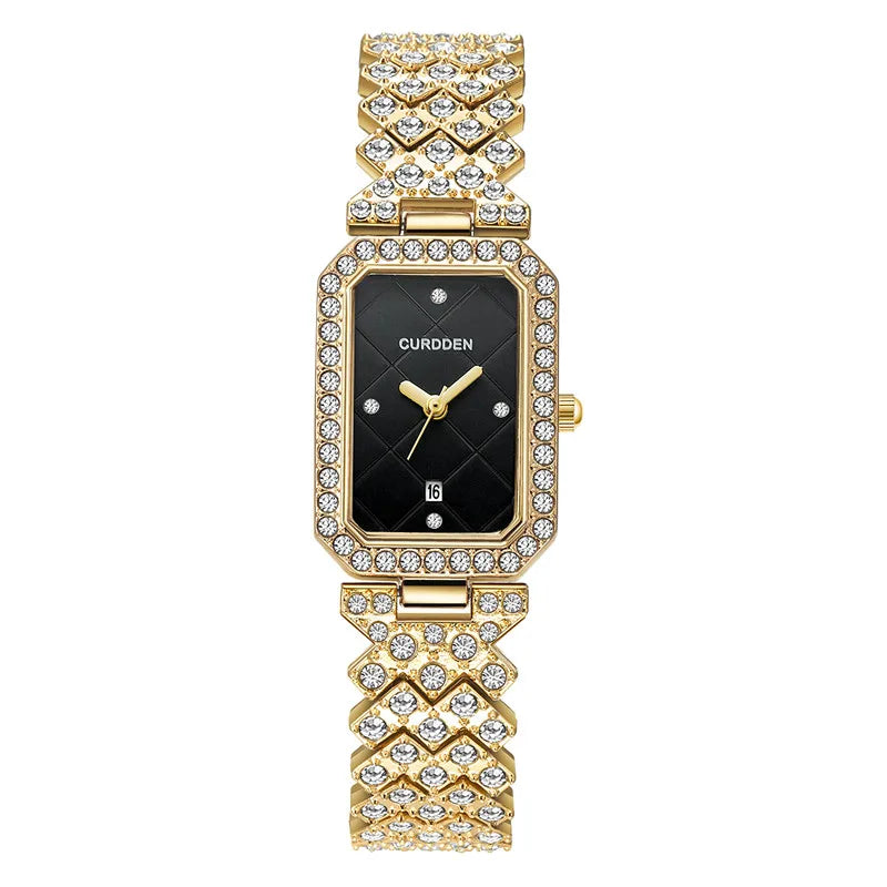 CURDDEN Rectangular Luxury Quartz Watch for Women – Silver Alloy Band, Diamond Detail, Elegant Casual Style