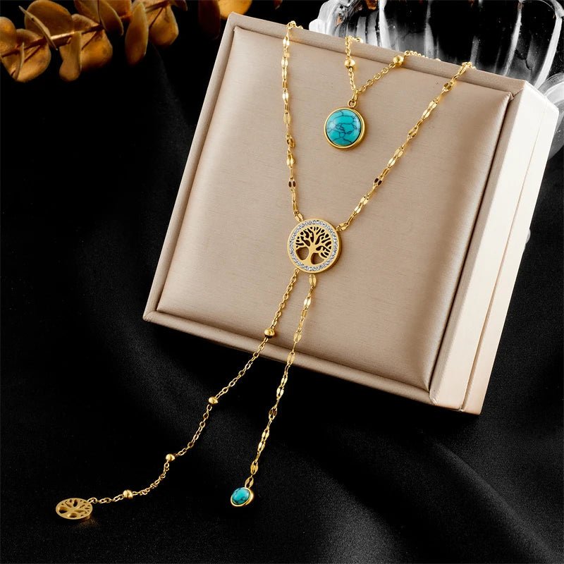 Livia Stainless Steel Turquoise Tree of Life Double-Layer Necklace