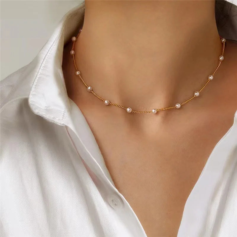 3-piece Set: 14K Gold Necklace with Pearl and Heart Pendants – Waterproof and Hypoallergenic