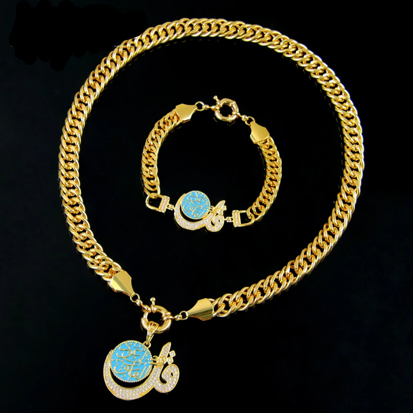 Luxury 21k Gold-Plated Necklace and Bracelet Set in Dubai Gold Color Jewelry.