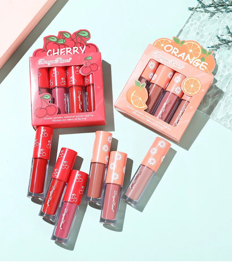 Mini Velvet Matte Lip Gloss Set – 4-Piece Long-Lasting, Non-Stick, Fruit Scented Lip Tint