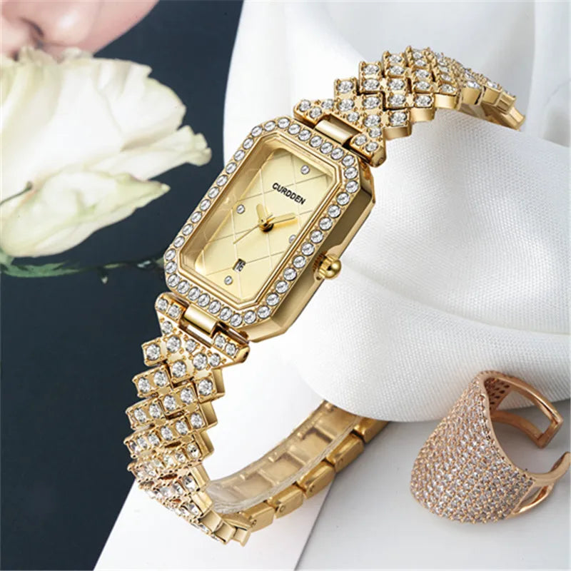 CURDDEN Rectangular Luxury Quartz Watch for Women – Silver Alloy Band, Diamond Detail, Elegant Casual Style