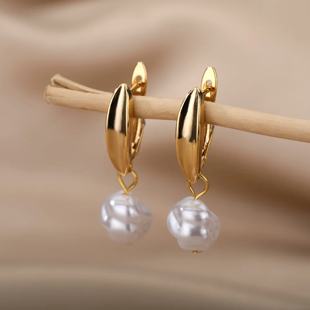 Gold Pearl Drop Hoop Earrings for Women – Stainless Steel Jewelry