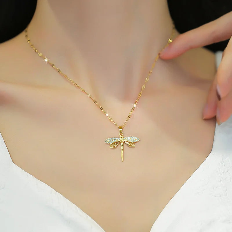 Faye Women's Dragonfly Pendant Necklace in Stainless Steel.