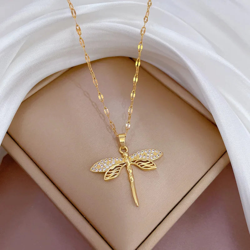 Faye Women's Dragonfly Pendant Necklace in Stainless Steel.