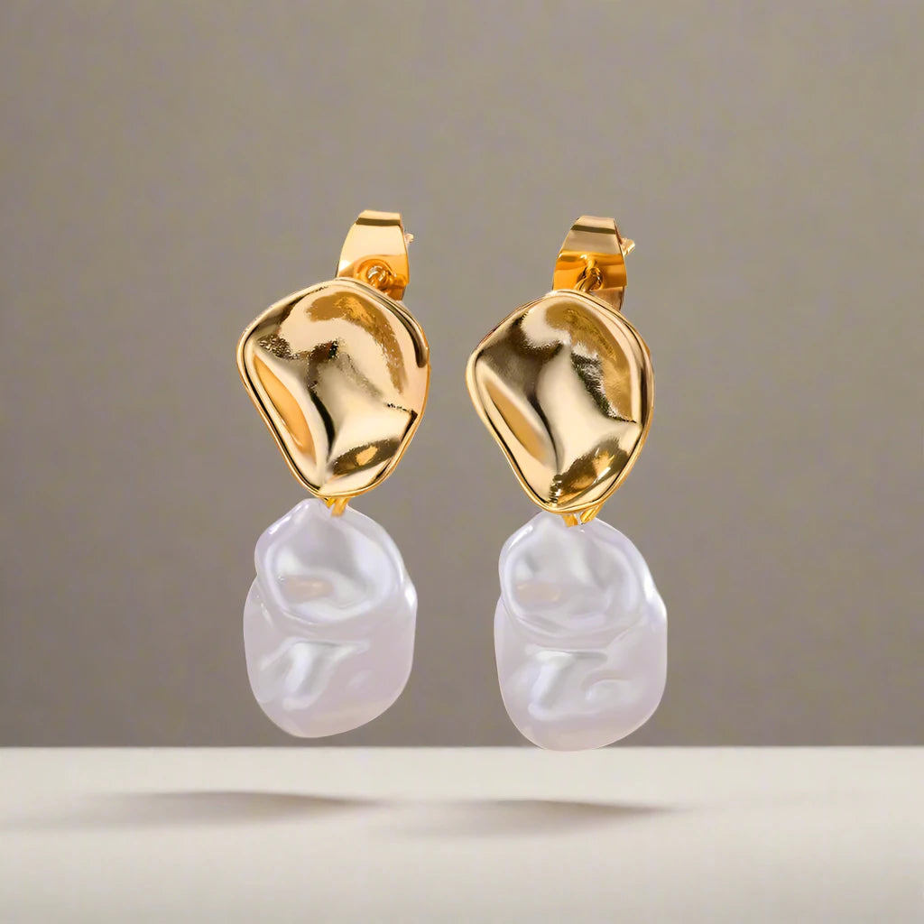 Gold Pearl Drop Hoop Earrings for Women – Stainless Steel Jewelry