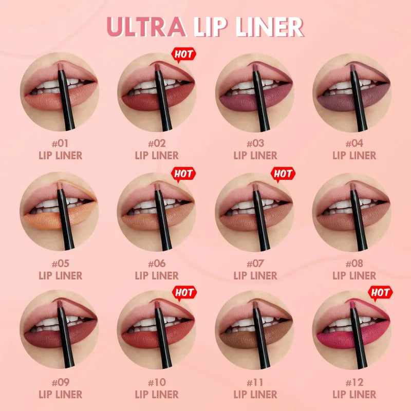 Waterproof Matte Lipliner Pencil – Long-Lasting, Non-Stick Cup Lip Contour & Lipstick | 12 Moisturizing Colors