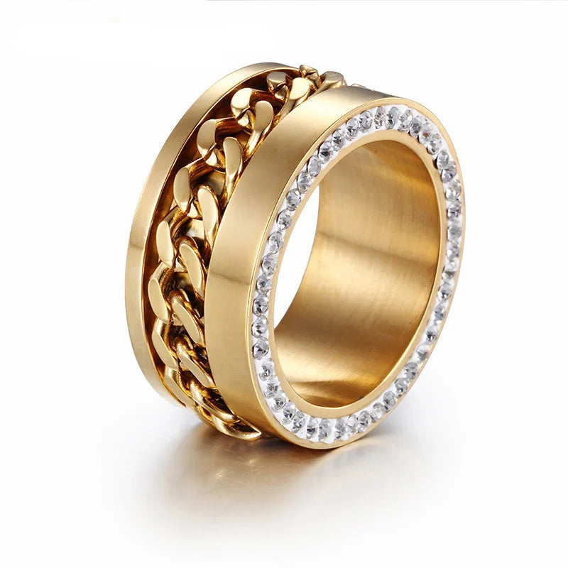 Gold Twist Pattern Zircon Ring – Vintage Stainless Steel Wedding Band for Women | Classic Peru-Inspired Design