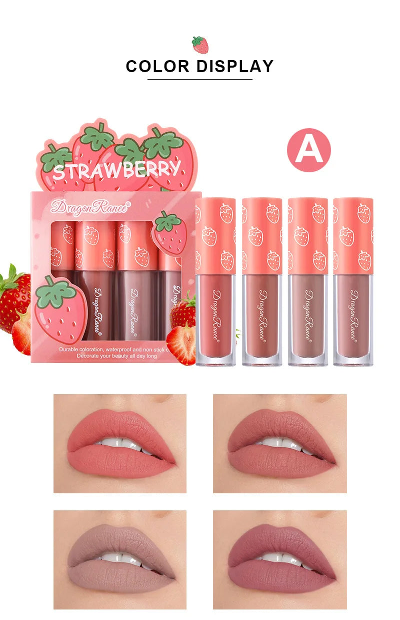 Mini Velvet Matte Lip Gloss Set – 4-Piece Long-Lasting, Non-Stick, Fruit Scented Lip Tint