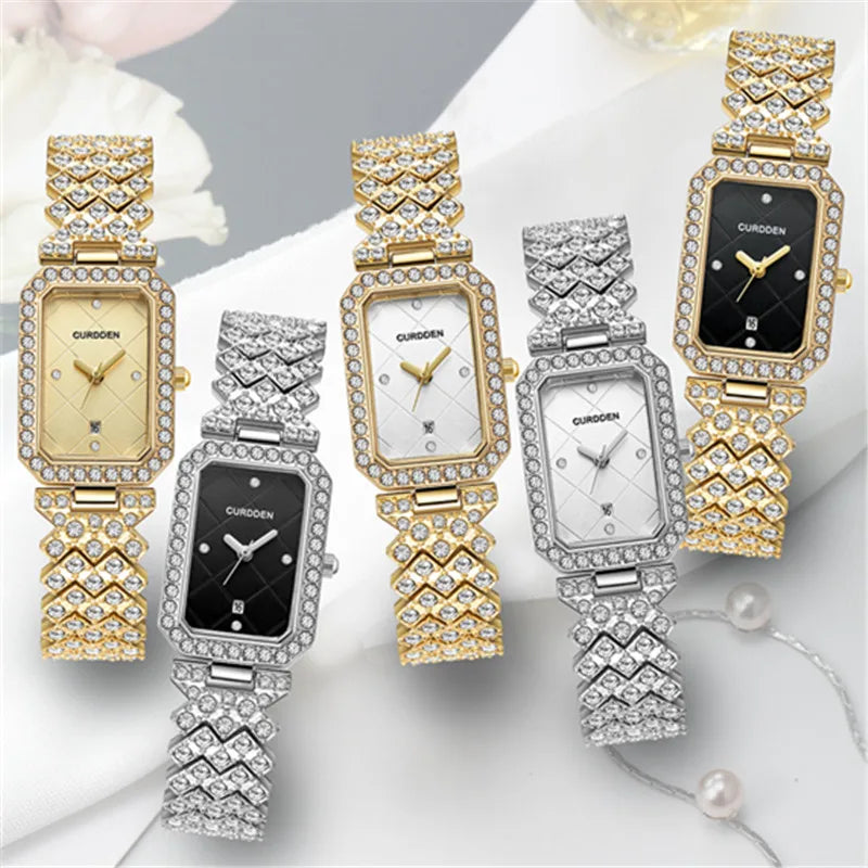 CURDDEN Rectangular Luxury Quartz Watch for Women – Silver Alloy Band, Diamond Detail, Elegant Casual Style