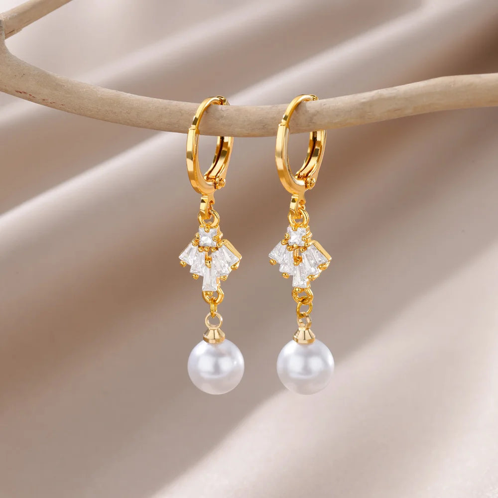 Gold Pearl Drop Hoop Earrings for Women – Stainless Steel Jewelry