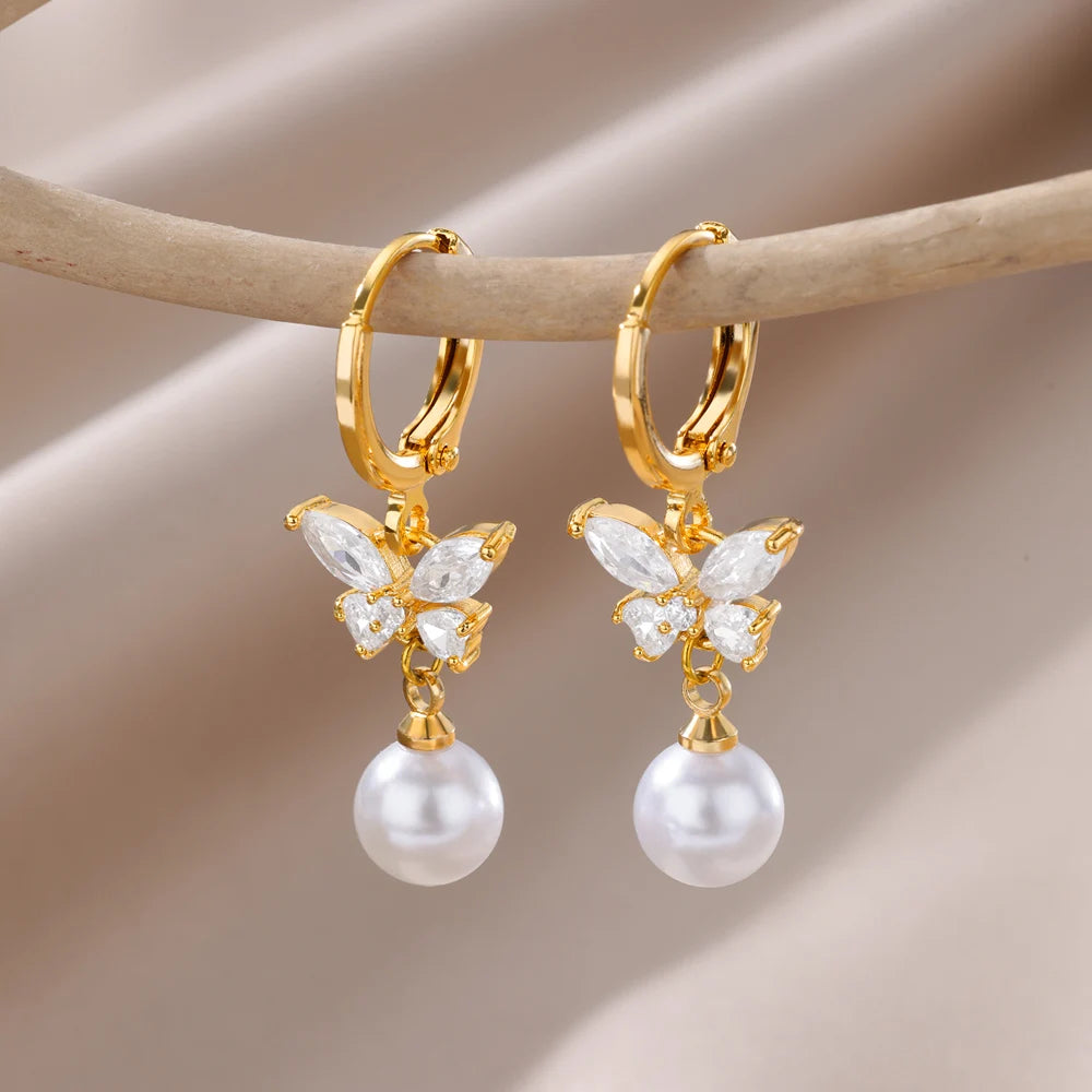 Gold Pearl Drop Hoop Earrings for Women – Stainless Steel Jewelry