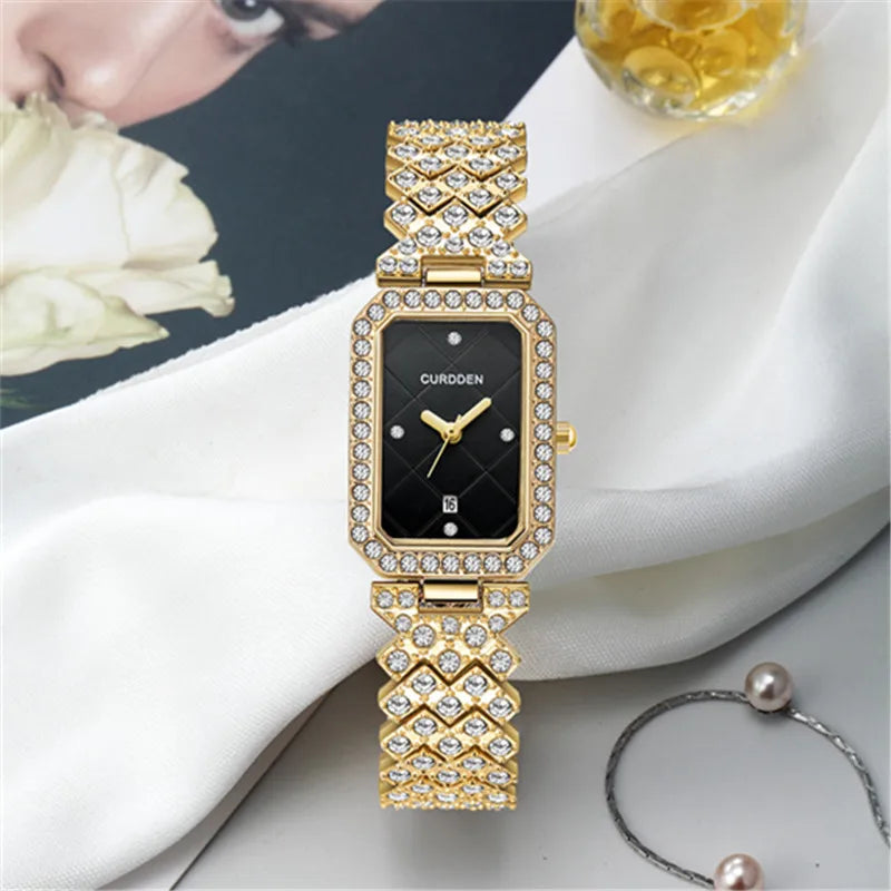 CURDDEN Rectangular Luxury Quartz Watch for Women – Silver Alloy Band, Diamond Detail, Elegant Casual Style