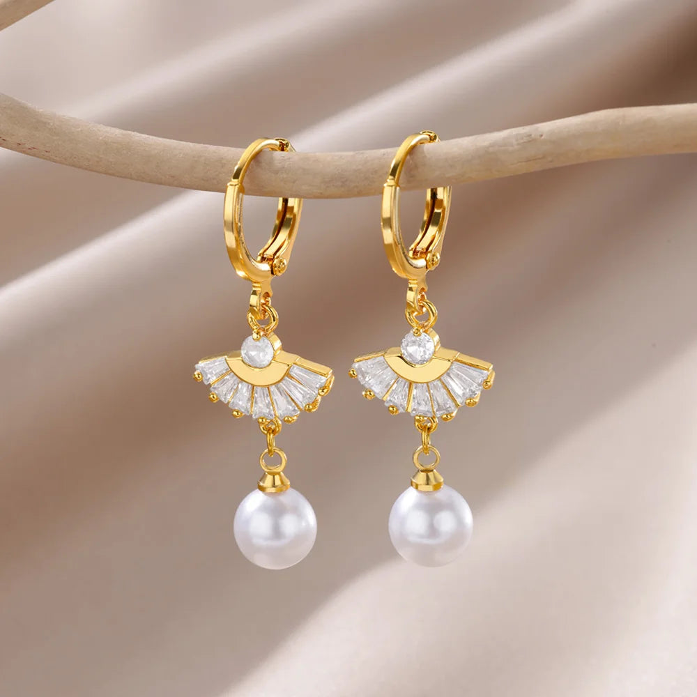Gold Pearl Drop Hoop Earrings for Women – Stainless Steel Jewelry