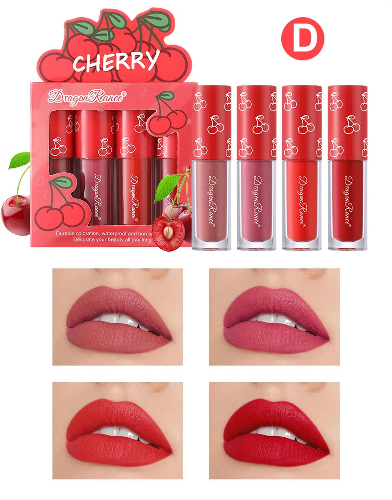 Mini Velvet Matte Lip Gloss Set – 4-Piece Long-Lasting, Non-Stick, Fruit Scented Lip Tint