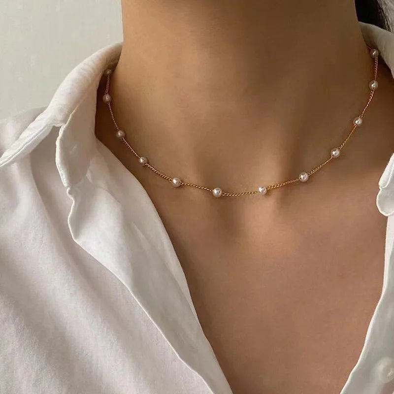 3-piece Set: 14K Gold Necklace with Pearl and Heart Pendants – Waterproof and Hypoallergenic