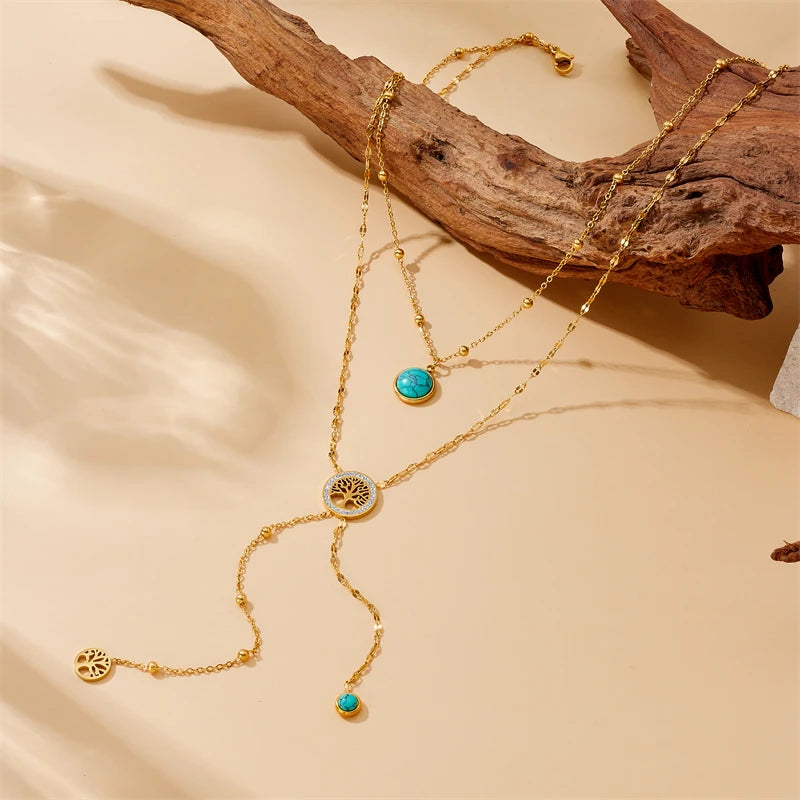 Livia Stainless Steel Turquoise Tree of Life Double-Layer Necklace