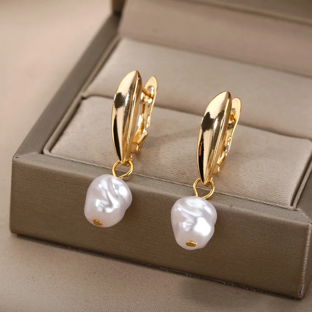 Gold Pearl Drop Hoop Earrings for Women – Stainless Steel Jewelry