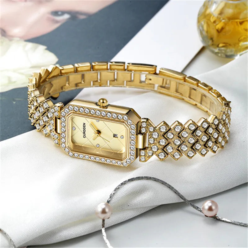 CURDDEN Rectangular Luxury Quartz Watch for Women – Silver Alloy Band, Diamond Detail, Elegant Casual Style