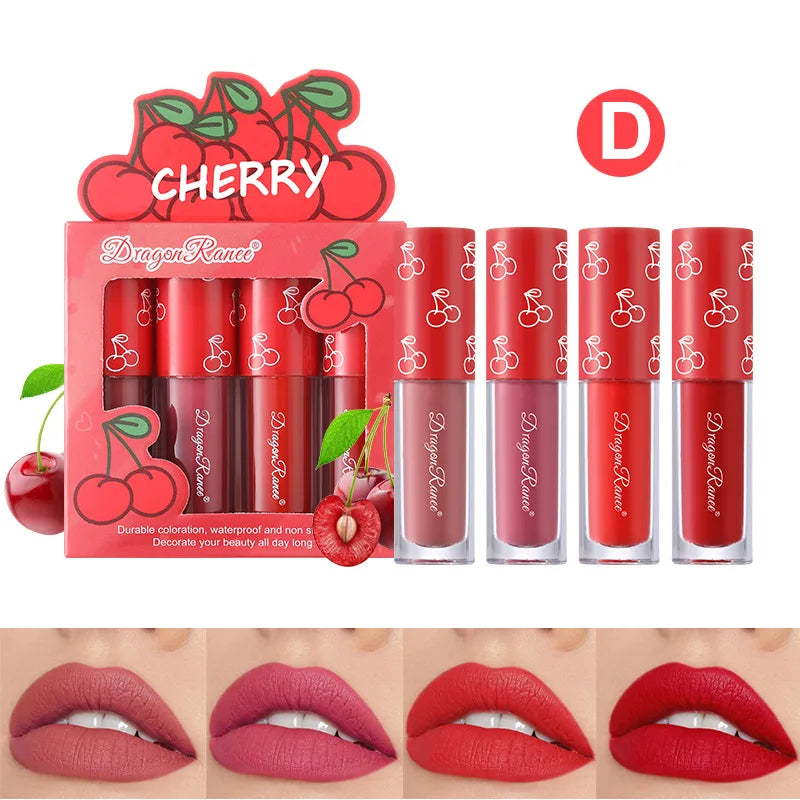 Mini Velvet Matte Lip Gloss Set – 4-Piece Long-Lasting, Non-Stick, Fruit Scented Lip Tint