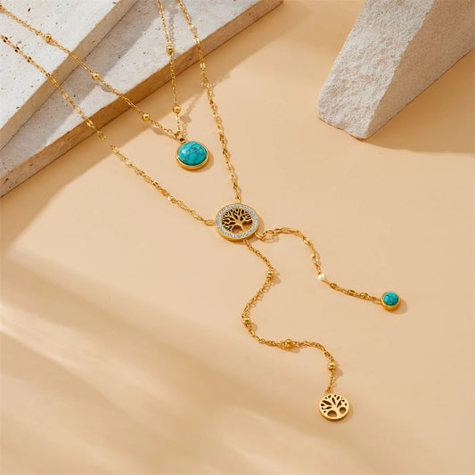 Livia Stainless Steel Turquoise Tree of Life Double-Layer Necklace