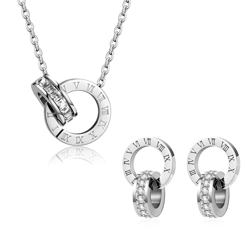 Juliana Classic Roman Crystal Stainless Steel Earrings and Necklace Set for Women.