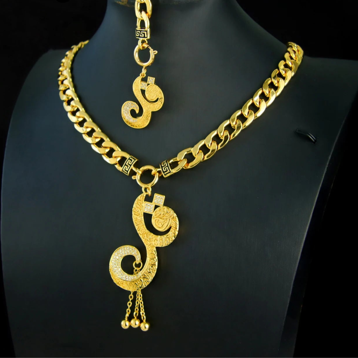 Luxury 21k Gold-Plated Necklace and Bracelet Set in Dubai Gold Color Jewelry.