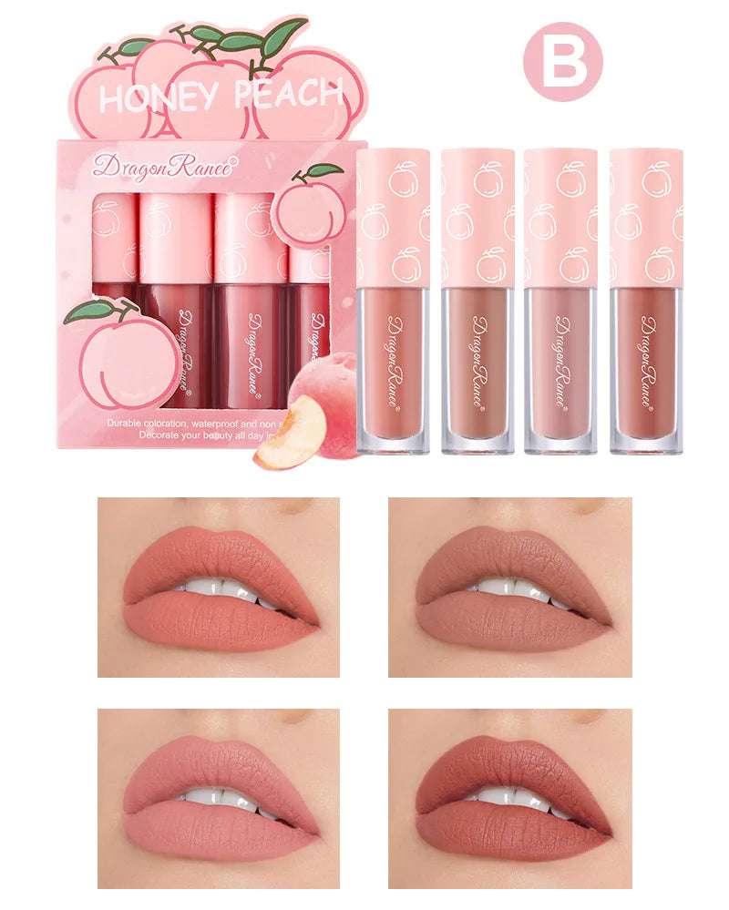 Mini Velvet Matte Lip Gloss Set – 4-Piece Long-Lasting, Non-Stick, Fruit Scented Lip Tint
