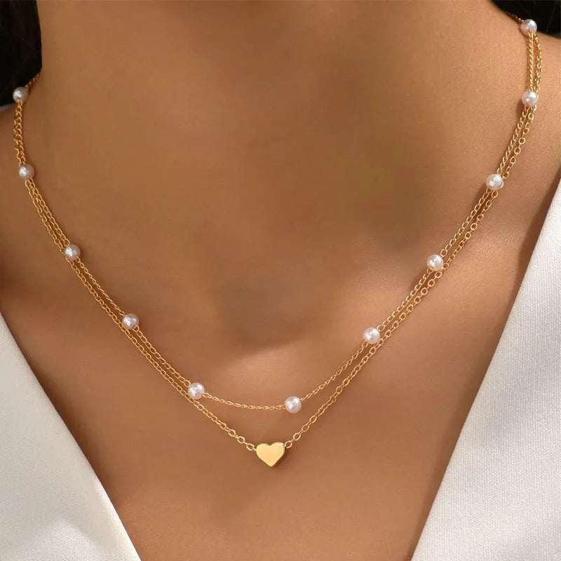 3-piece Set: 14K Gold Necklace with Pearl and Heart Pendants – Waterproof and Hypoallergenic