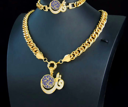 Luxury 21k Gold-Plated Necklace and Bracelet Set in Dubai Gold Color Jewelry.