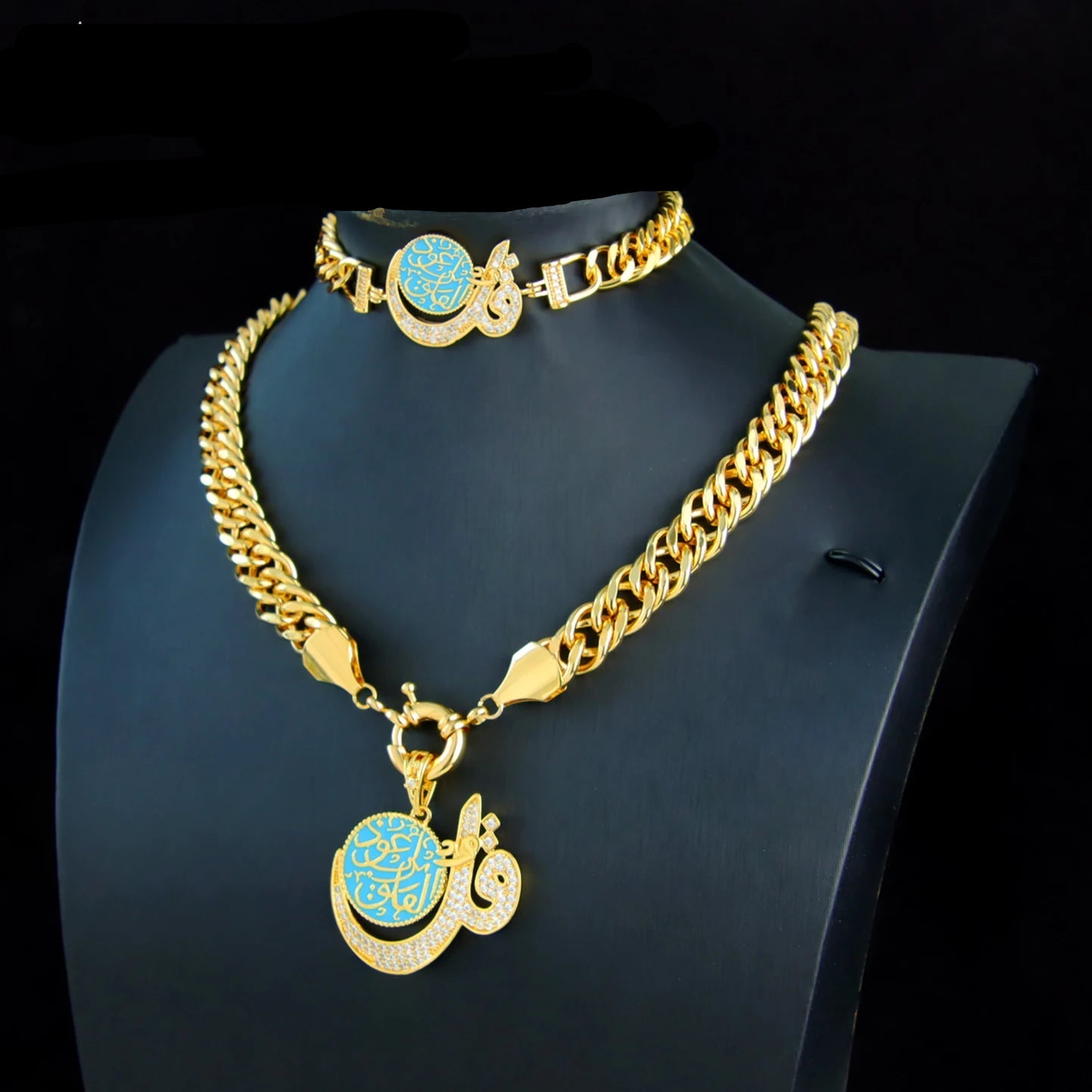 Luxury 21k Gold-Plated Necklace and Bracelet Set in Dubai Gold Color Jewelry.