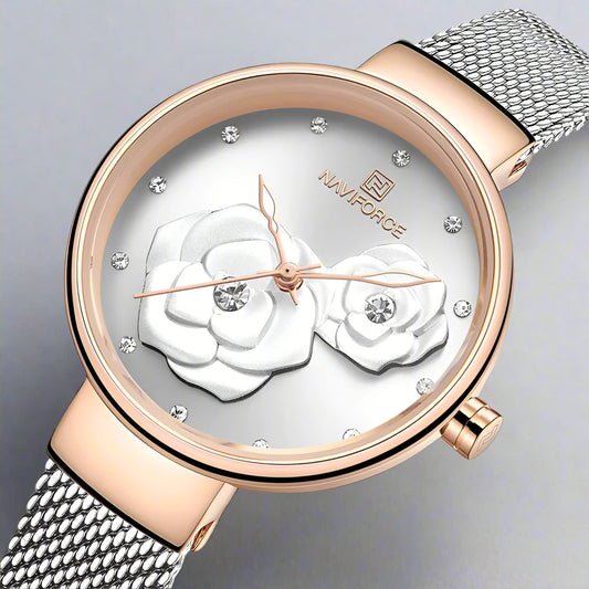 Women Watch NAVIFORCE Top Luxury Brand Steel Mesh Waterproof Ladies Watches Flower Quartz Female Wristwatch Charming Girl Clock