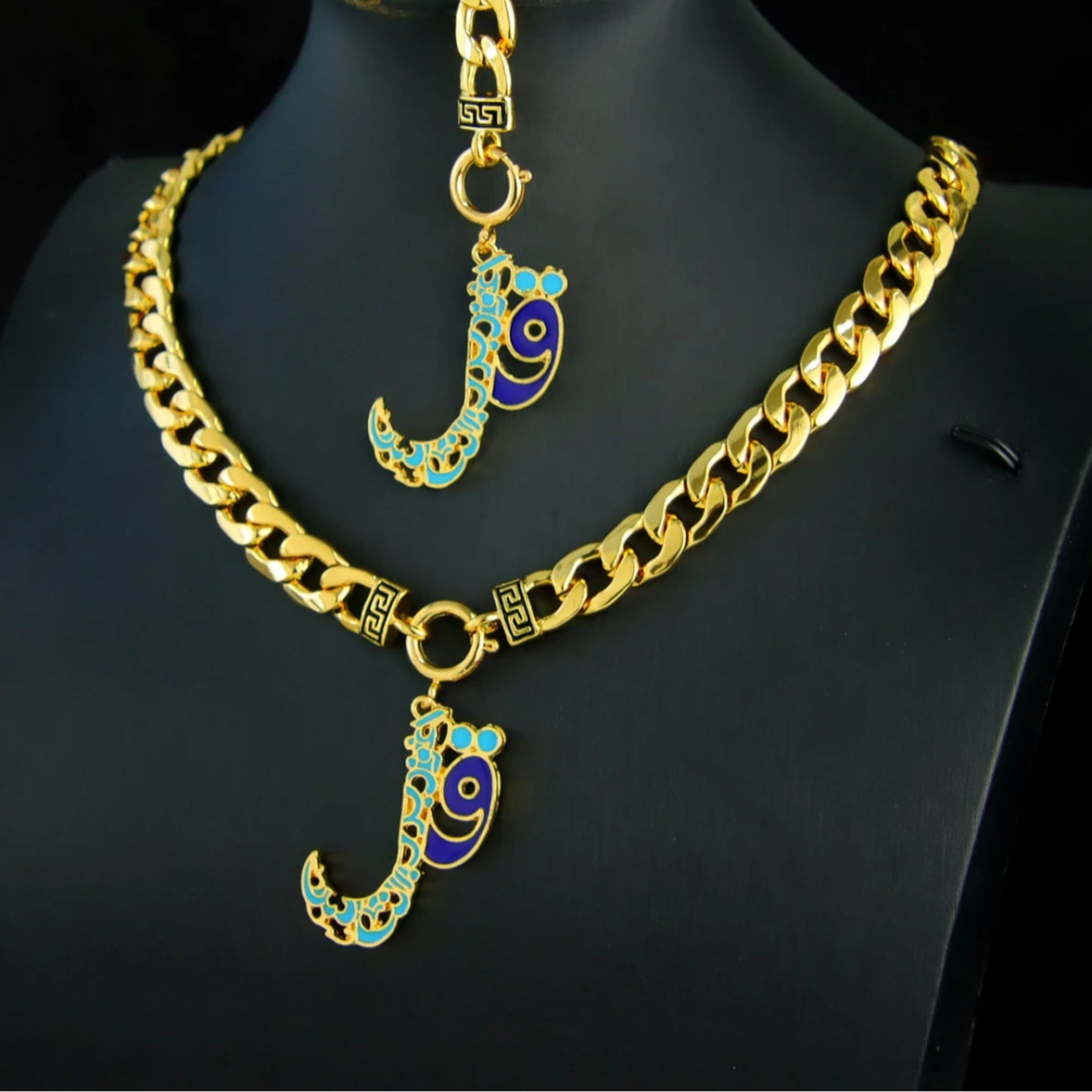 Luxury 21k Gold-Plated Necklace and Bracelet Set in Dubai Gold Color Jewelry.